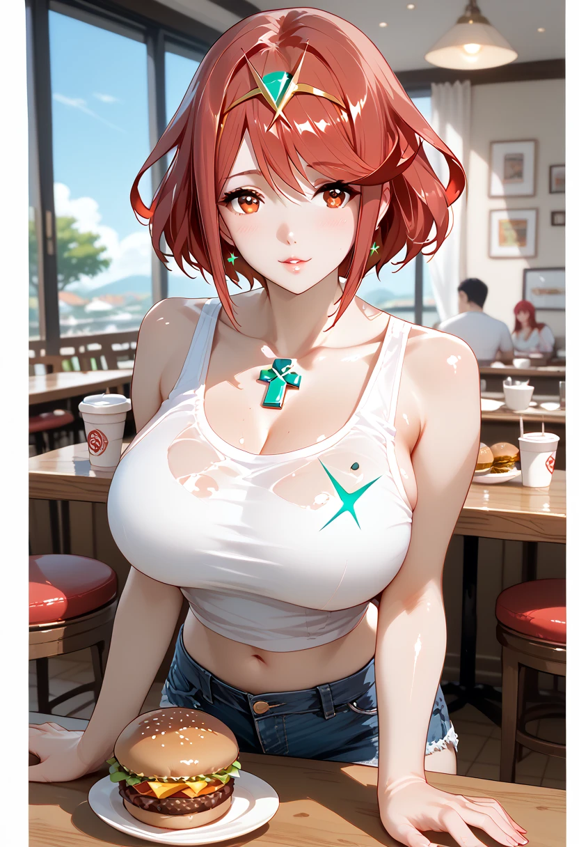 source_anime, masterpiece, best quality, perfect anatomy, very aesthetic, official art, pyra \(xenoblade\), 1girl, red hair, short hair, swept bangs, bob cut, red eyes, solo, traditional media, 
shiny skin, beautiful eyes, natural huge breasts, curvy, full body,  girl is sitting on edge of coffee cup on table, white tank top, denim shorts, delicious looking hamburger on table, looking at hamburger