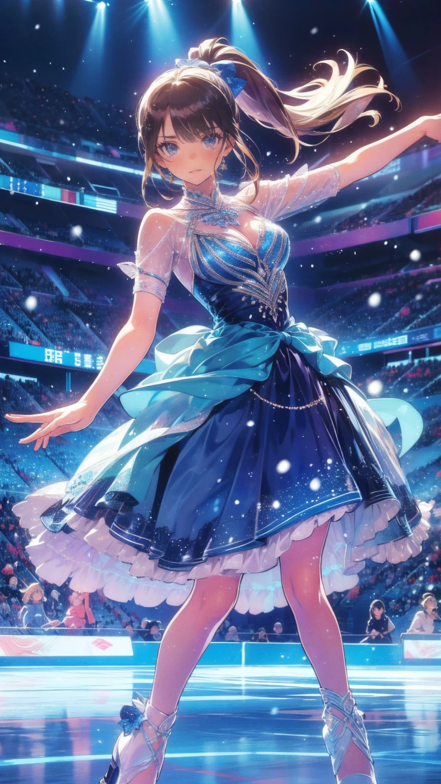 masterpiece, 最 High Quality , 超 Details,、  ice skating rink  ,Ice Dance/DANCING ON ICE 、 8K Anime Art  、 it's snowing、 girl,Very beautiful  girl , one woman,  ponytail, ,( 1 Woman ),Dancing on ice ,("  figure skater"),Beautiful dress,(Ice dancing ),( dynamic:1.3),( dynamic dance),(  beautiful eyes ),(  hair fluttering in the wind :1.0),(Beautiful dress:1.5),(((  light up))),(smile:1.3)、,  Detailsな手の形,  Detailsな指の数,  Details,  High Quality 
