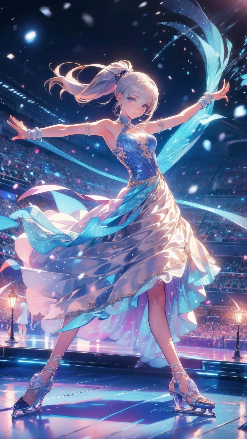 masterpiece, 最 High Quality , 超 Details,、  ice skating rink  ,Ice Dance/DANCING ON ICE 、 8K Anime Art  、 it's snowing、 girl,Very beautiful  girl , one woman,  ponytail, ,( 1 Woman ),Dancing on ice ,("  figure skater"),Beautiful dress,(Ice dancing ),( dynamic:1.3),( dynamic dance),(  beautiful eyes ),(  hair fluttering in the wind :1.0),(Beautiful dress:1.5),(((  light up))),(smile:1.3)、,  Detailsな手の形,  Detailsな指の数,  Details,  High Quality 
