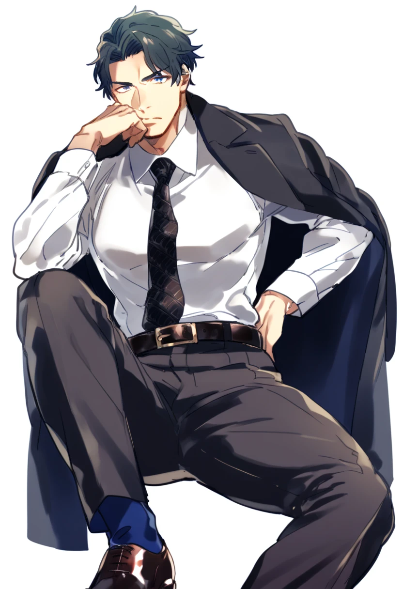 male focus, solo, ikemen, mature, male only, tough man, bold, eyes fix, flat chest, sturdy waist, 50 years old, office worker, collared shirt, tie, three piece suit, coat on shoulders, belt, slacks, leather shoes, tight clothes, whole body, sitting, invisible chair,  looking at viewer, (white background, simple background:1.5), masterpiece, best quality, mta, foor worship, showing his socked foot:2, long tube calf black or blue socks 