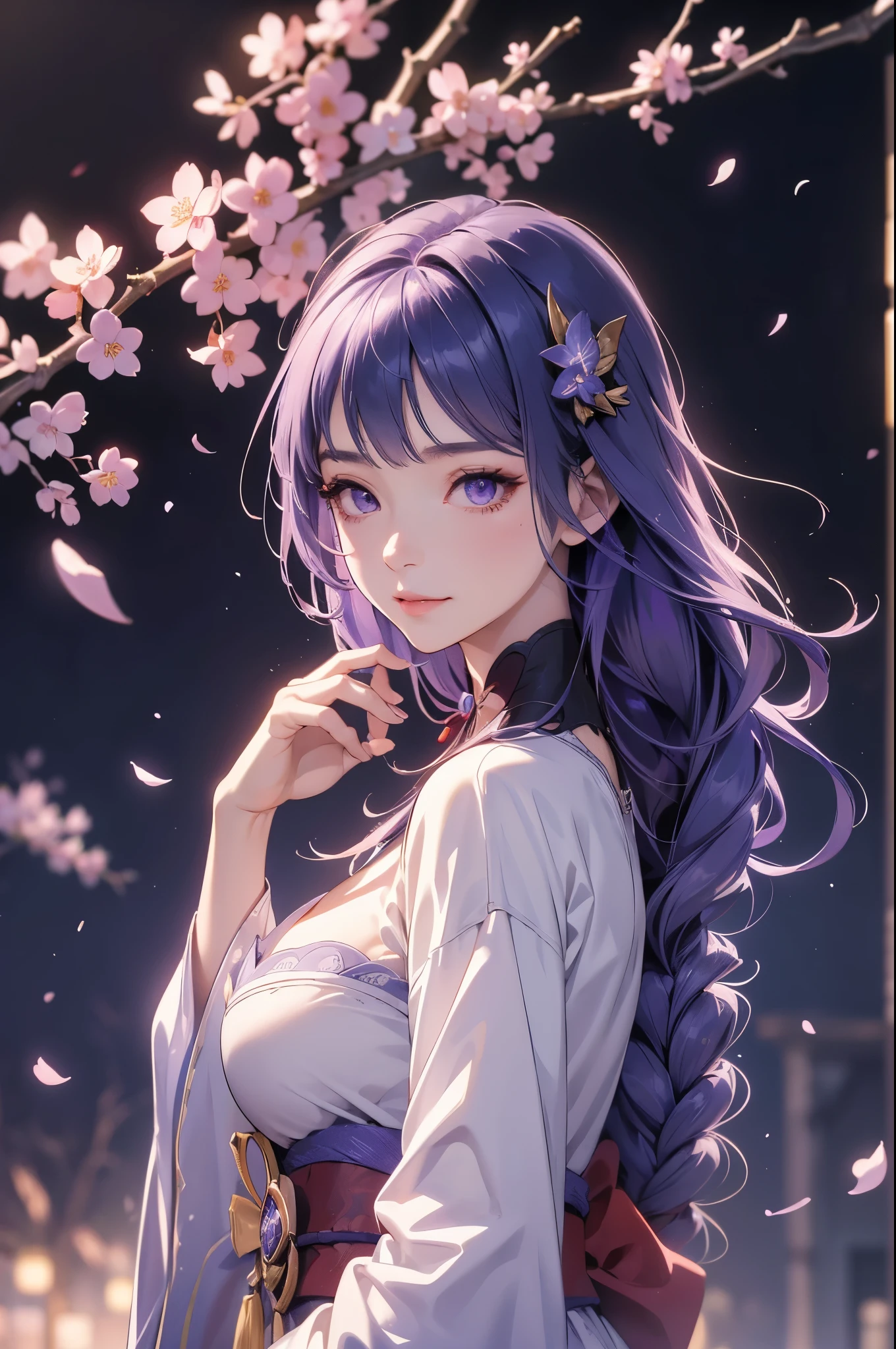 Japanese Shrines, (Highest quality，Realistic,masterpiece:1.2，8k wallpaper:1.2)，((Pale skin))，One Girl，women only，((Genshin Impact_Impact，General Raiden))，Lightning Particles，Purple Lightning，Light background，cherry blossoms，Purple Theme，Delicate facial features，Sexy and beautiful anime girls，General Raiden，Long purple hair，Rosy lips，Anime Mouth，shut up.，(smile)，fine grain，Big breast type，flower background
