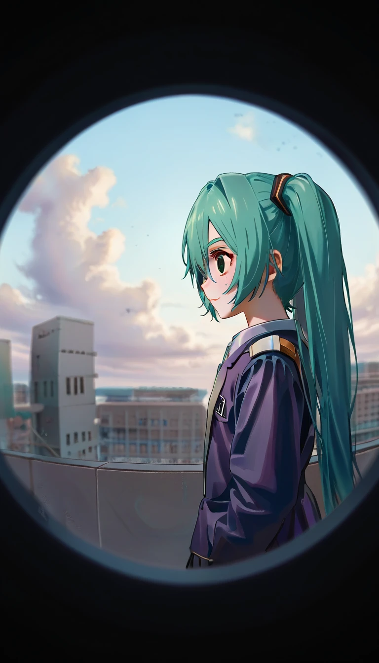    1 girl,    Hatsune Miku   , hmmonitoring, Peephole,    long hair ,    Twin Tails   , bangs,    hair between eyes,   medical eye patch  ,    school uniform, ,woman, Sideways glance ,      Hatsune Miku     ， Looking Intriguingly ，woman,from side,，Peek，  cute illustration of a flying eyeball  （Two），    opening mouse    ,  left eye corn   ,Deco* 27 sides    , Peek Face with Left Eye ，  Eye Patch with Light Freckles on Right Eye  ，dark， dark cyan hair ，  White Medical Eye Patch  ，  dark black eyes  ，  eye color dark blue  ，    big eyes，   fisheye scope    ，   low contrast   ， In a circle ，   she has a round cloud-like font     ，    black background with round geometric pattern   ，    hair gradation    ，  dark blue green  ，    circular geometric pattern on the outside of the round frame  , Purple Tie,   medical eye patch  , Glitch,    cowboy shot   , :d, 輝く瞳, , palm   ,      heart shaped eyes   , dark，
   outdoor,    Building   ,    Purple Theme ,    abstract background   , sunset, cityscape, 
rating safe, Alice 99 Narumi   , 
masterpiece,  top quality,    High Quality  ,      high definition   , up to date,  