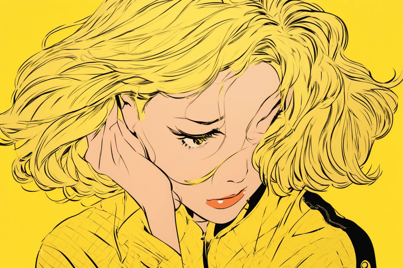 Woman touching hair　 comic style 　Yellow background　