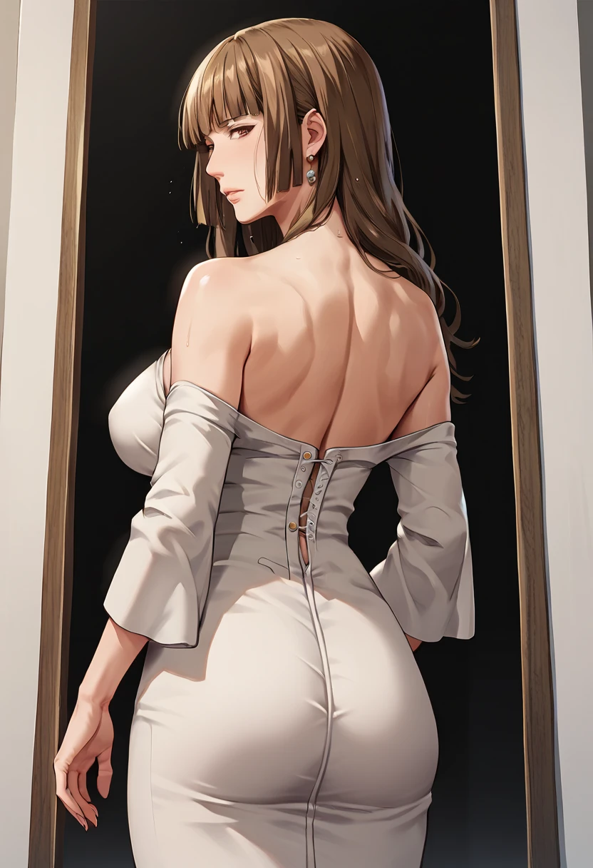  top quality,  Masterpiece , mature woman,RosaUmineko, long hair, brown hair, brown eyes,  standing with different breasts 、from behind