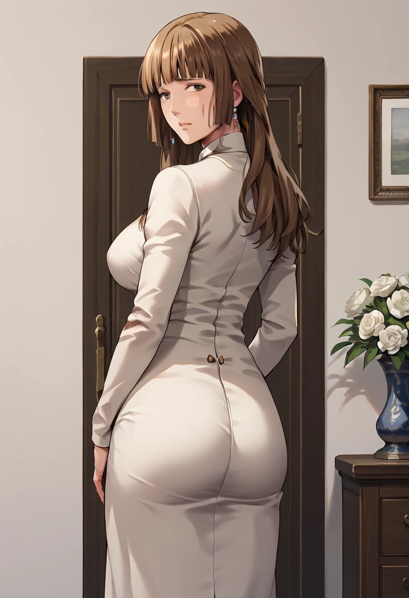  top quality,  Masterpiece , mature woman,RosaUmineko, long hair, brown hair, brown eyes,  standing with different breasts 、from behind