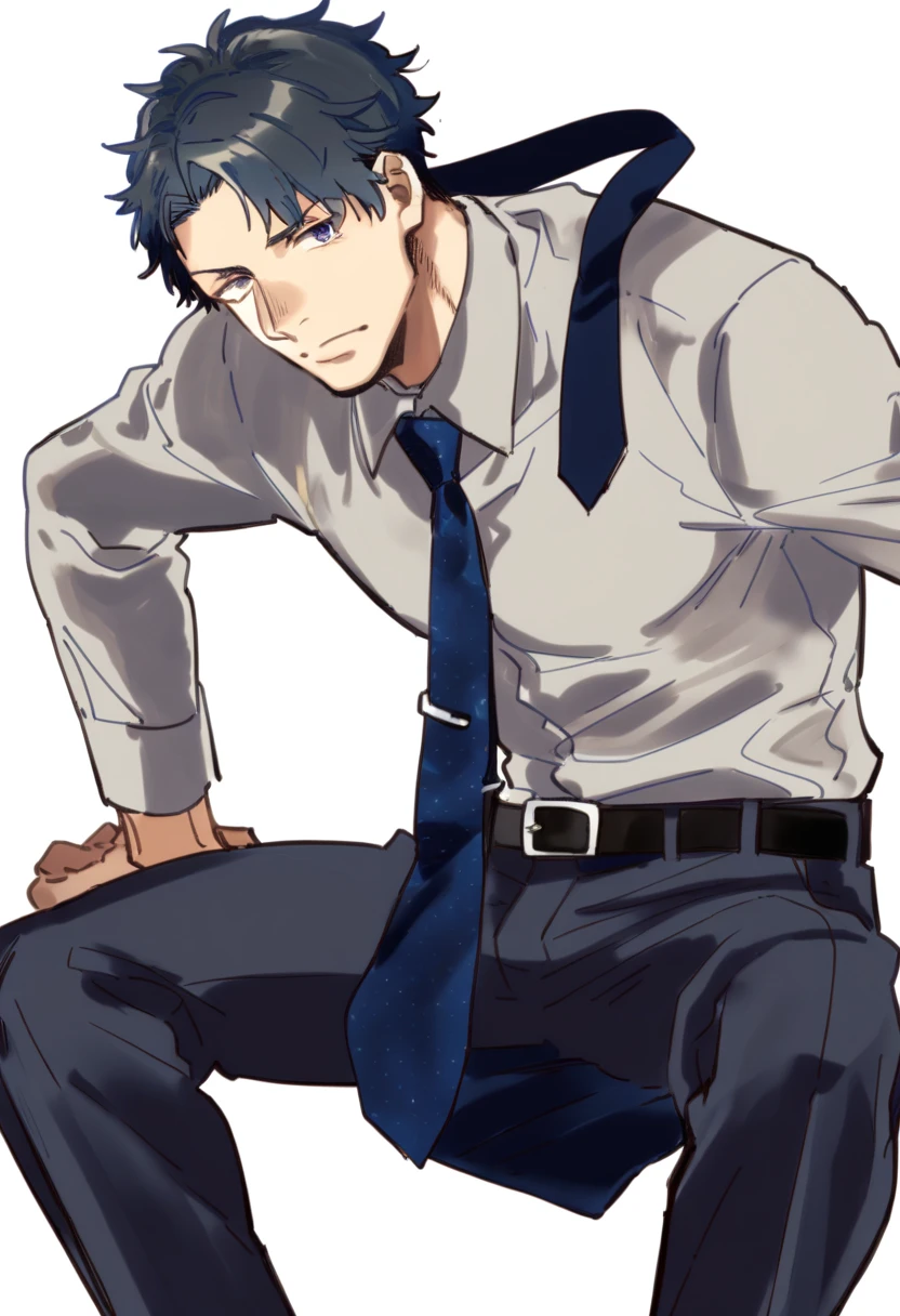 (1 Adult male),A high resolution, Sharp focus, Pixiv masterpiece, ((Complicated details)), highly detailed, natsuki_subaru, 1 man, with her mouth open,full bodyesbian,sit astride, blue colored eyes(eyes glowing), blue short hair,white shirt,Wear a tie,Wear a belt,perspire,look from down