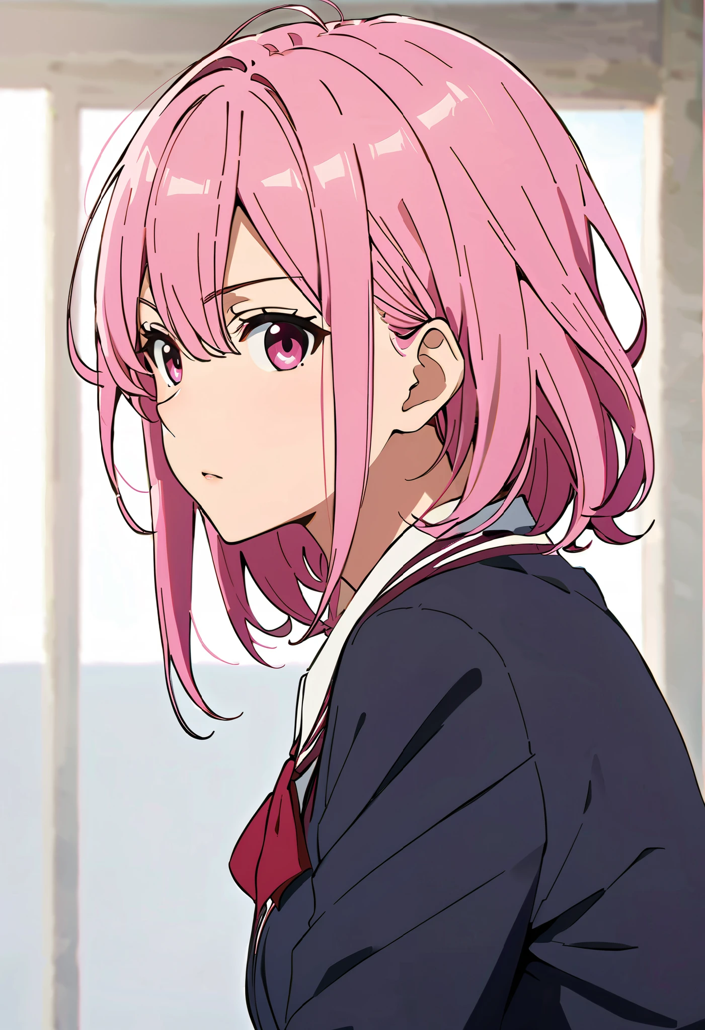  for women,  Single Focus , Alone, score_9, score_8_up, score_7_up, Air Charaters DDD anime 1,  pink hair, Deep pink eyes,  school uniform