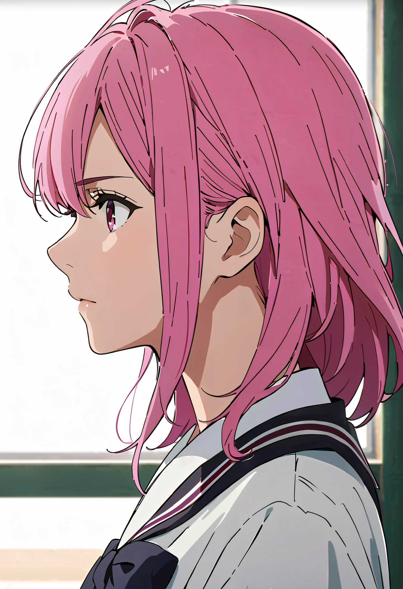 live-action、 real、profile、 for women,  Single Focus , Alone, score_9, score_8_up, score_7_up, Air Charaters DDD anime 1,  pink hair, Deep pink eyes,  school uniform