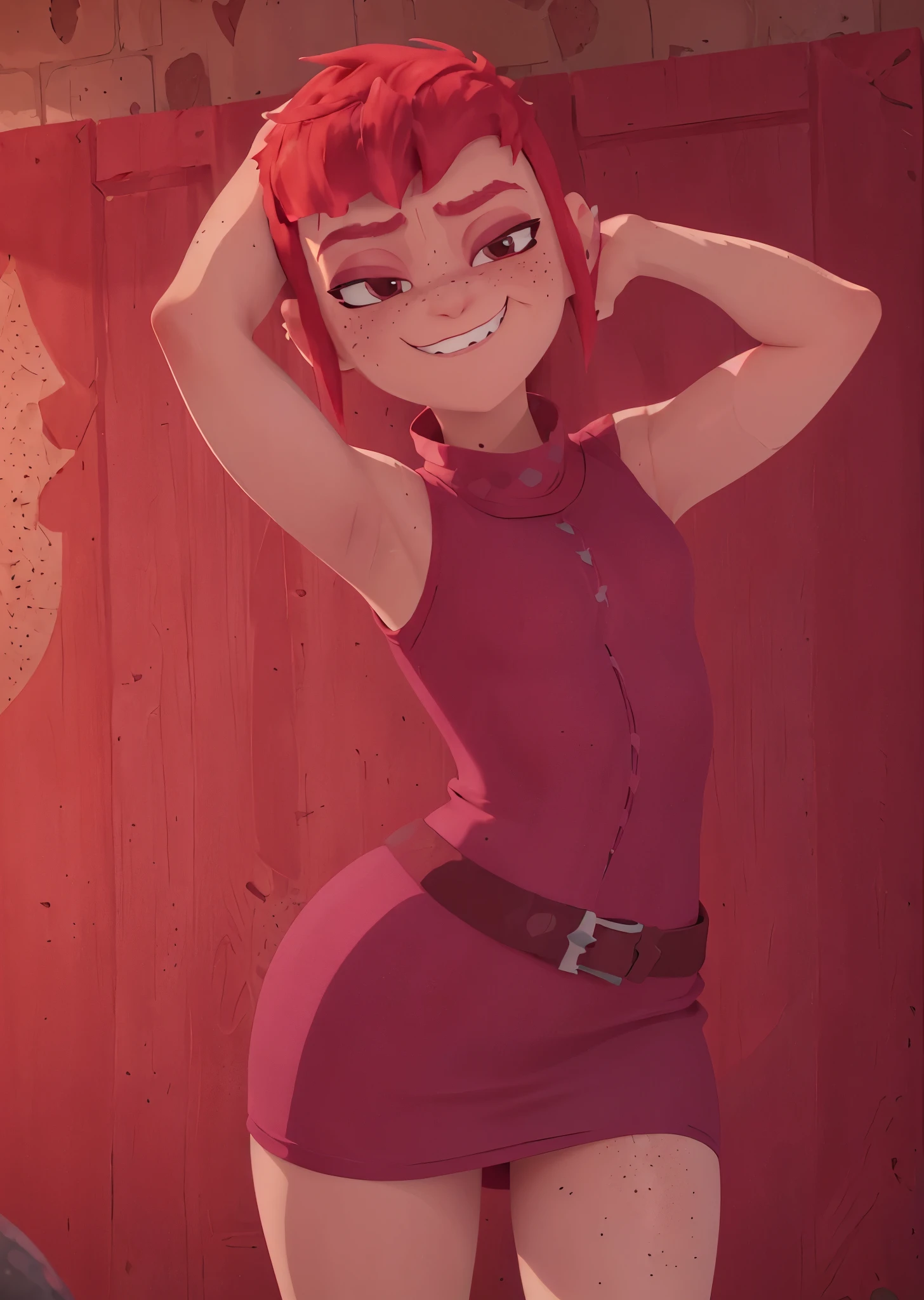 ((nfnimona,)), ((nimona neflix)), ((masterpiece)), ((high resolution)), ((rendering)), {(thicc figure), (freckles), (maroon eyes), (half lidded eyes), (long eyelashses), (pink eyeshadow), (short red hair), (smug grin), (sharp white teeth)}, {(red sleevless top), (brown pencil skirt), (brown belt on waist)}