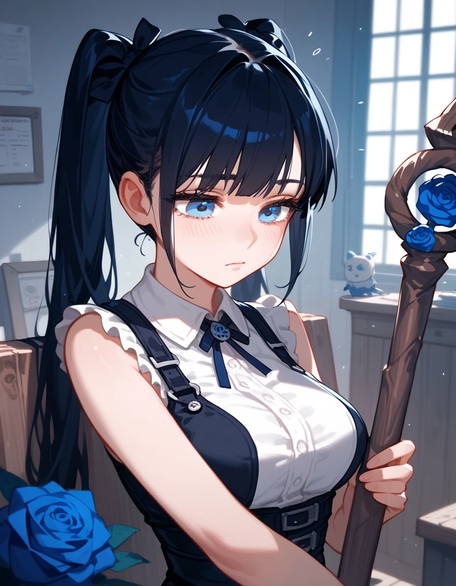  Sister  ,Black hair,Long hair,Exhaustion ,  in dark blue eyes, teen,Gothic,high, ,Anime,  Medium Breasts ,gloomy,Darkness ,Double ponytail ,milf,cute, ,cute,Black staff ,Wood root worker ,Blue Rose