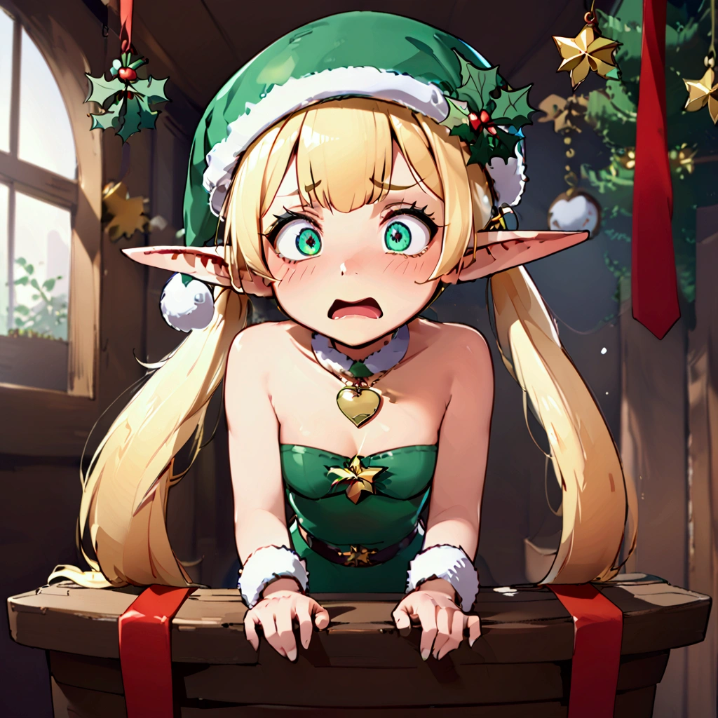 Elf stuck in a machine tangled in gift wrap. Satans Workshop. 1 girl, **li, crawling, High Resolution, Open Mouth, Pointy Ears, Masterpiece, holly hair ornament, Blush, Surprised, Worried, Flustered, Panicking, Green Santa Hat, Green Santa outfit