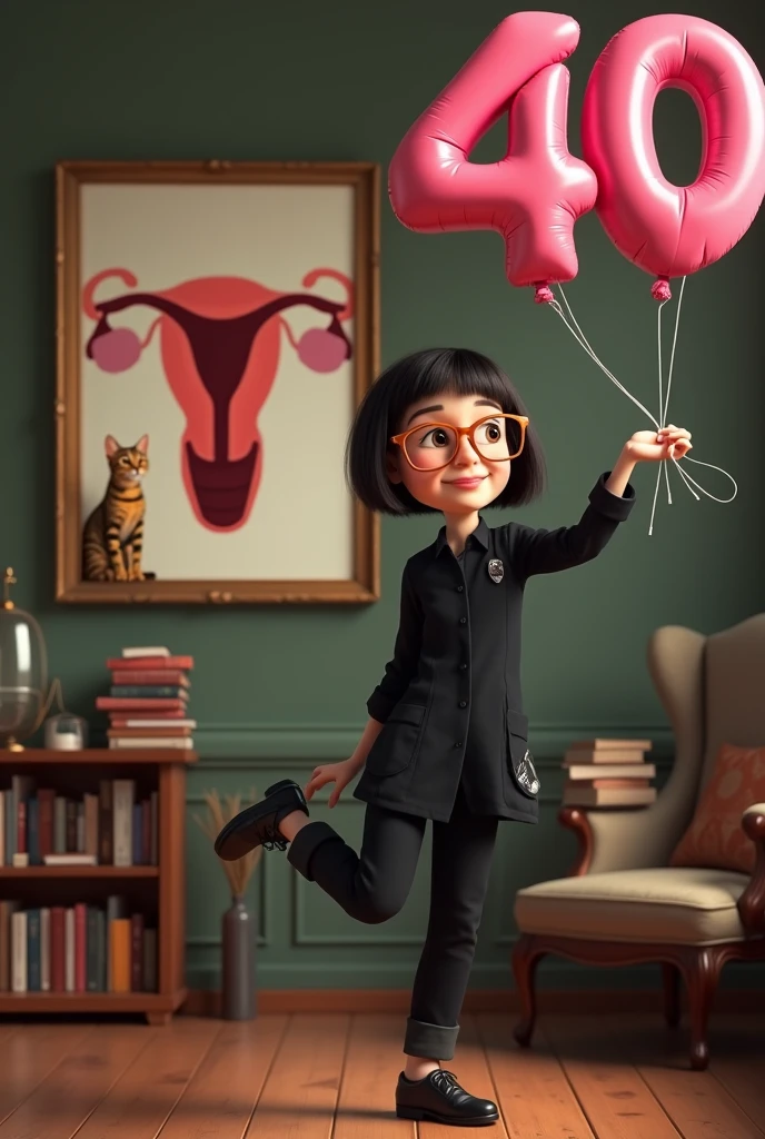 Disney pixar themed white, short woman with dark short hair to shoulders tided to a ponytail. Hair without bangs. She have cat styled amber glasses, black longsleeve, medical pants. She is very smart. She is kicking big number 40 baloons. She is in a library full of medicine books. There is paint of uterus anatomy on the wall. There are two bengal cats on the frame of the paint