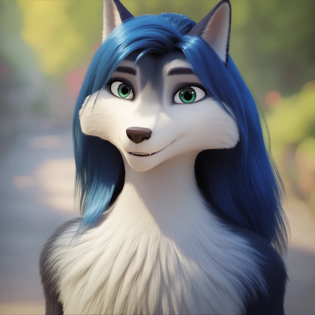 cowboy shot, white fur, green eyes, chromatic aberration, blurry, two-tone fur, outdoors, blurry background, body fur, wolf ears, day, letterboxed, furry, black eyes, looking at viewer, shiny, smile, slim, face, looking at viewer 