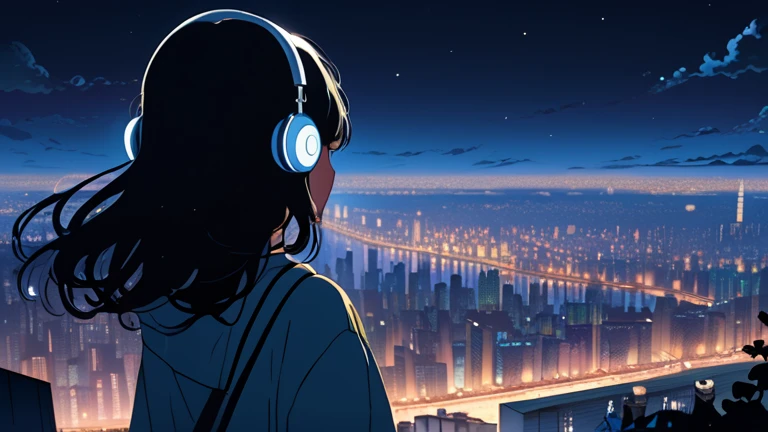 Back view of a lo-fi girl looking up at the stars、 wearing headphones 、 high detail、Night view of the city in the distance 