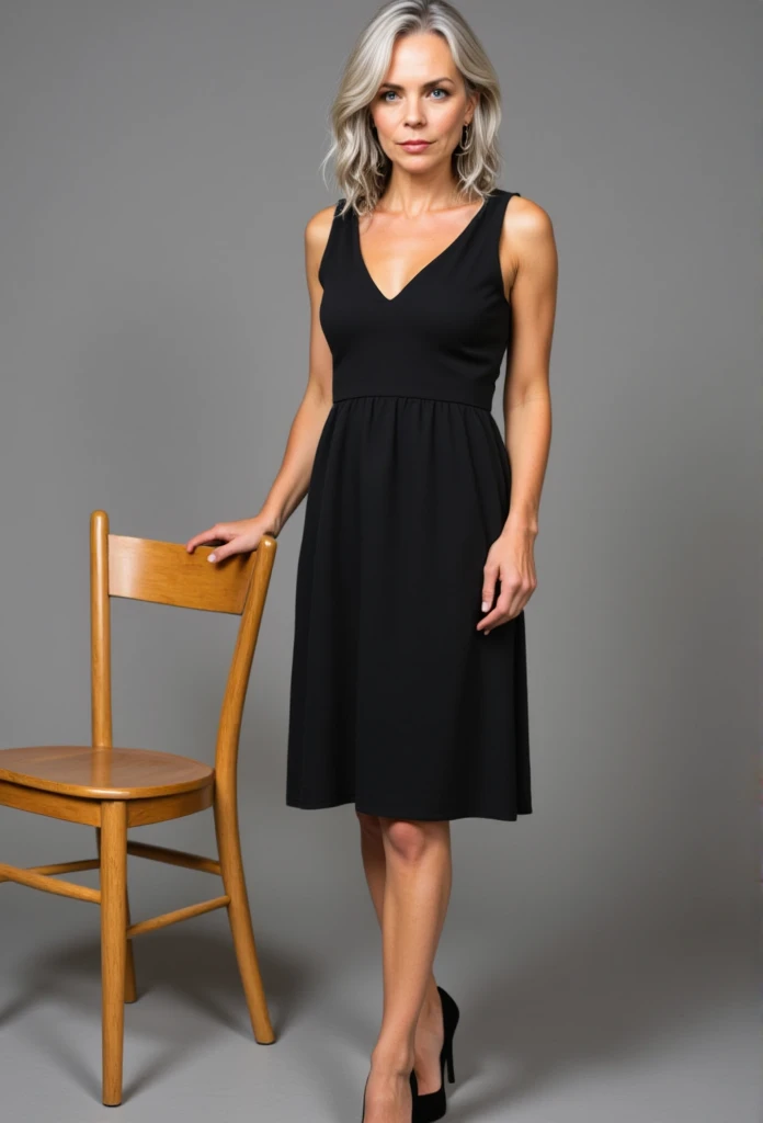 full body Mature slim English woman in her 50s, shoulder length silver hair, normal appearance, black cotton dress and black shoes with 12cm heels. deep neckline, protruding nipples, standing leaning with hand on wooden chair,
