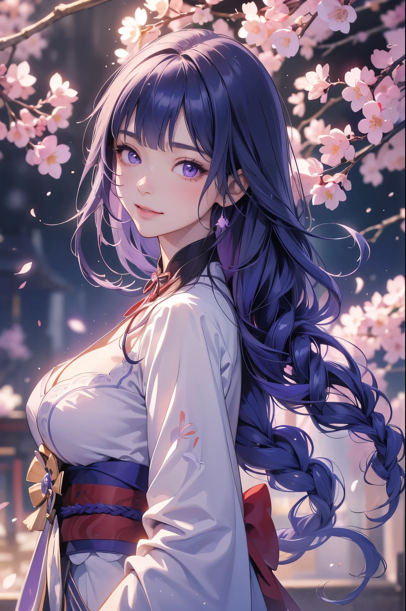 Japanese Shrines, (Highest quality，Realistic,masterpiece:1.2，8k wallpaper:1.2)，((Pale skin))，One Girl，women only，((Genshin Impact_Impact，General Raiden))，Lightning Particles，Purple Lightning，Light background，cherry blossoms，Purple Theme，Delicate facial features，Sexy and beautiful anime girls，General Raiden，Long purple hair，Rosy lips，Anime Mouth，shut up.，(smile)，fine grain，Big breast type，flower background
