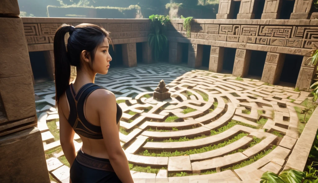 A young,  Asian woman,  with long, dark brown hair pulled back in a ponytail,  in  her late teens to early twenties.  She is wearing a black, form-fitting sports bra and dark gray bikini bottoms, with protective leather wrist guards.  Her expression is contemplative,  looking out at a vast,  ancient stone maze.  The lighting is warm and golden, highlighting the woman's features.  The maze,  composed of large,  rectangular stone blocks in light brown and tan hues, stretches to the horizon,  forming a complex and intricate pattern.  Water appears to be flowing through the maze,  reflecting the sunlight. Lush,  tropical foliage is visible in the background, cascading down the surrounding slopes. The  environment is a jungle setting, with ancient ruins and a pyramid visible in the background. The scene exhibits a realistic video game aesthetic, utilizing rich detail and accurate textures.  Photorealistic viewpoint of the intricate design elements.  The composition is a three-quarter view, with the main subject placed in a central position.  The camera looks down from a moderate height at the ruins.  The atmosphere is one of adventure and curiosity,  evoking a vintage video game aesthetic.  There is a sense of mystery and wonder regarding the ancient labyrinth.
