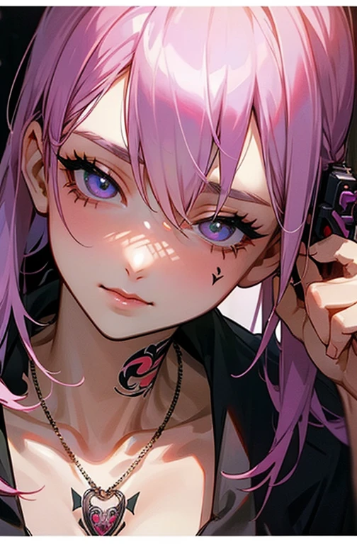 Cool women、sexy、Center of chest、Rize from Chainsaw Man、beauty、Yandere、、Face close-up、Kiss with your eyes closed、Chest tattoo、Hold a gun、Christian Dior Necklace、