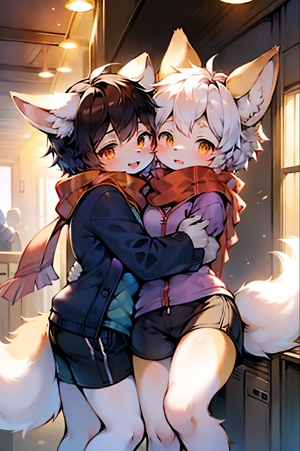 Dog boy and fox girl, 4K quality, High resolution,                Holding hands, Deep Kiss,Drooling, Wearing a red collar,Feelings of love,Cute face,Crying in bed,Doghouse life,