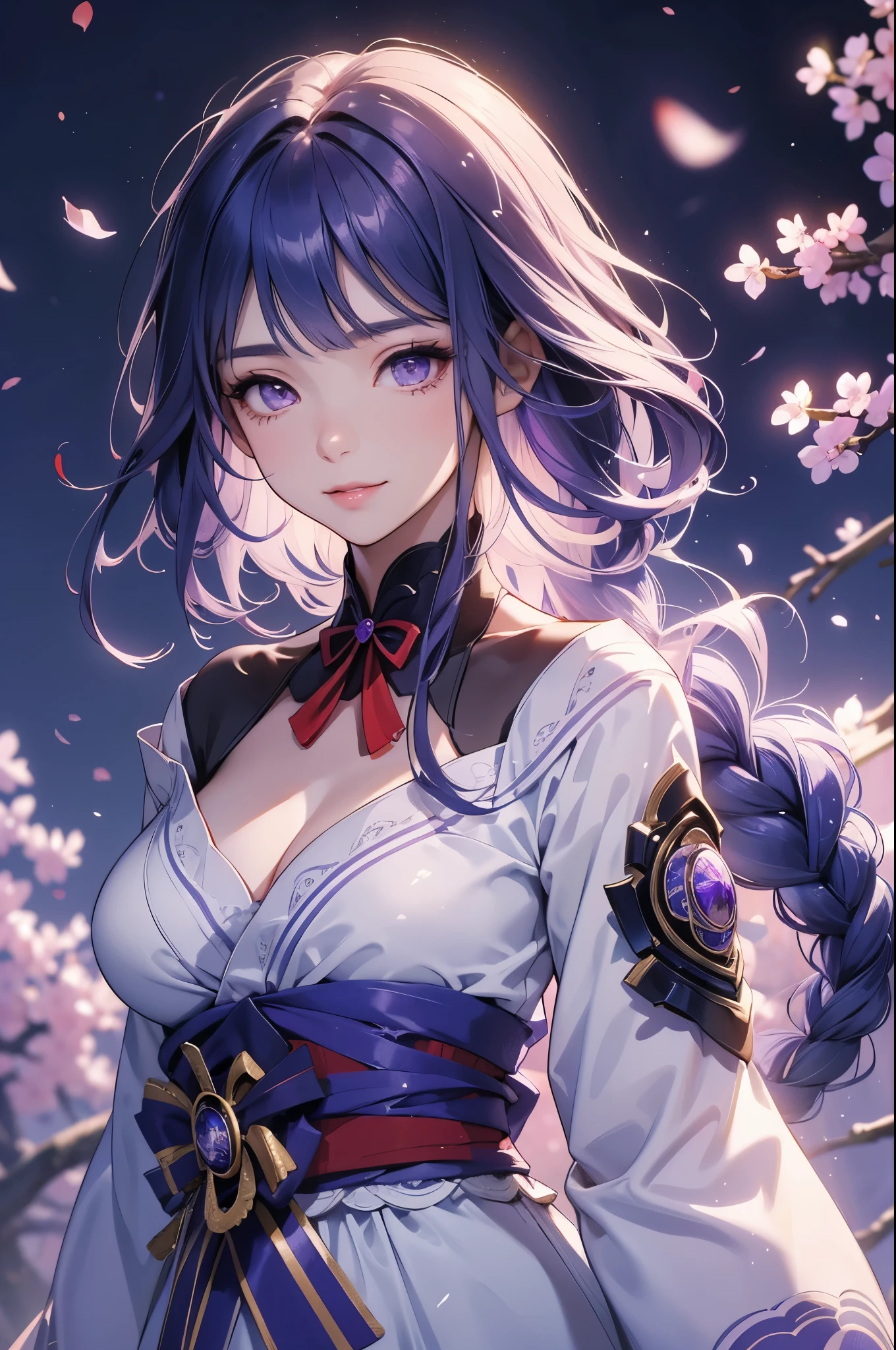 Japanese Shrines, (Highest quality，Realistic,masterpiece:1.2，8k wallpaper:1.2)，((Pale skin))，One Girl，women only，((Genshin Impact_Impact，General Raiden))，Lightning Particles，Purple Lightning，Light background，cherry blossoms，Purple Theme，Delicate facial features，Sexy and beautiful anime girls，General Raiden，Long purple hair，Rosy lips，Anime Mouth，shut up.，(smile)，fine grain，Big breast type，flower background
