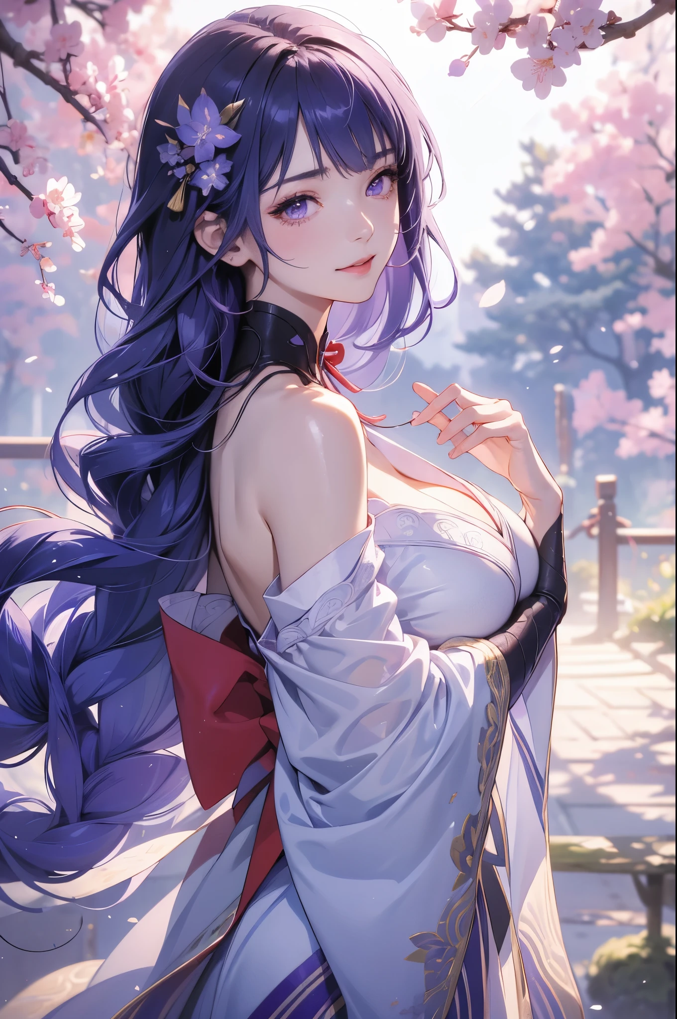 Japanese Shrines, (Highest quality，Realistic,masterpiece:1.2，8k wallpaper:1.2)，((Pale skin))，One Girl，women only，((Genshin Impact_Impact，General Raiden))，Lightning Particles，Purple Lightning，Light background，cherry blossoms，Purple Theme，Delicate facial features，Sexy and beautiful anime girls，General Raiden，Long purple hair，Rosy lips，Anime Mouth，shut up.，(smile)，fine grain，Big breast type，flower background
