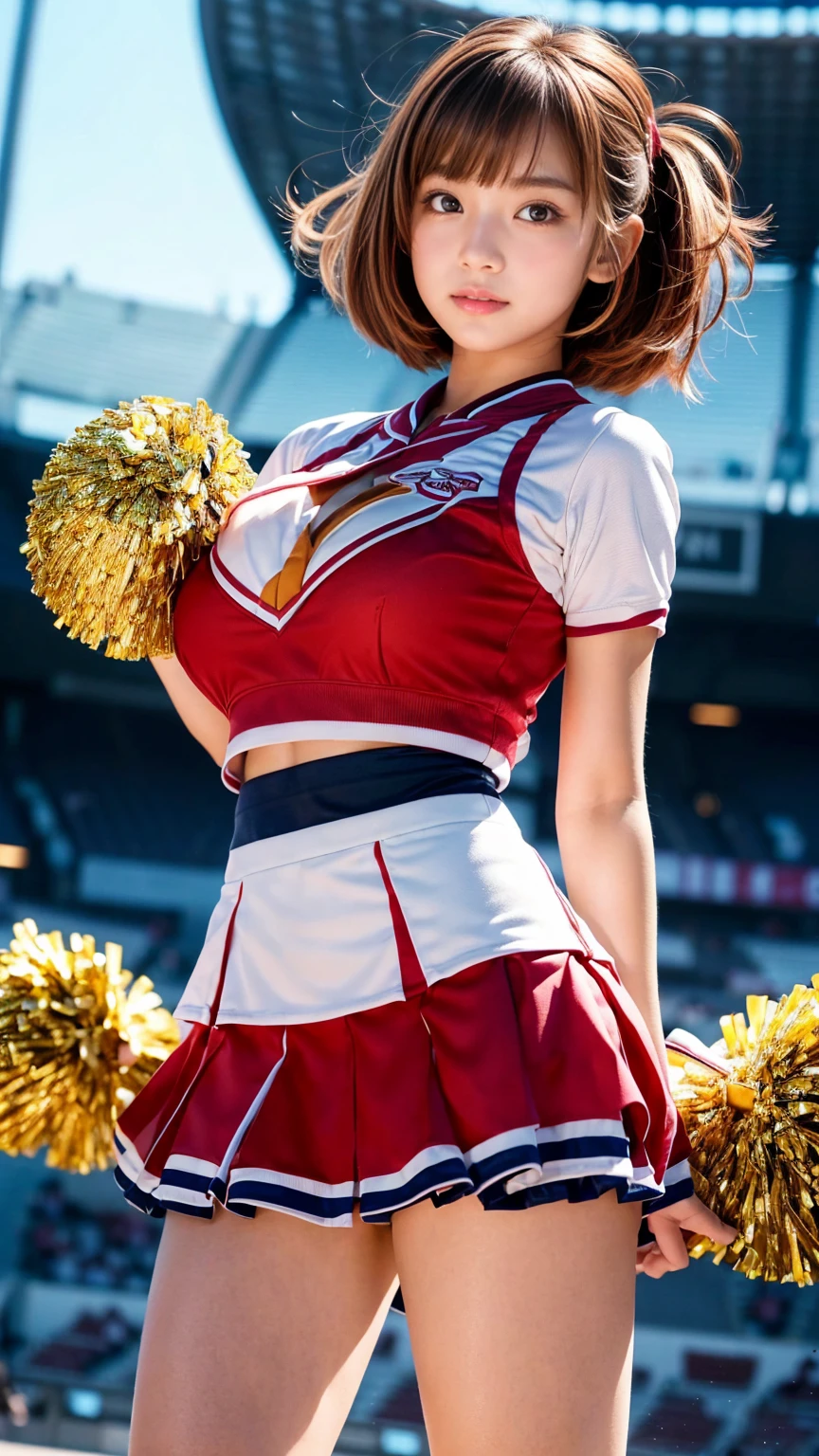 Panties visible through the skirt, (Japan Cheerleaders:1.3), gros-plan, Photo, Big breasts, (12year old), Young face, Pretty Face, Raw photo, Best Quality, High resolution, (masutepiece), (Photorealistic:1.37), Professional Photography, Sharp Focus, nffsw, 8K resolution, Intricate details, depth of fields, Highly detailed CG Unity 8k wallpaper, Front light, NSFW, femele, girl, beautiful supermodel, Smile, slender, (Vibrant poses:1.3), Back view, thighs thighs thighs thighs, (poneyTail, scrunchie:1.3), Super long hair, Taken from the ground