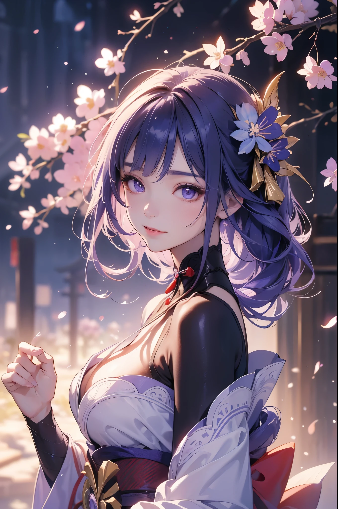 Japanese Shrines, (Highest quality，Realistic,masterpiece:1.2，8k wallpaper:1.2)，((Pale skin))，One Girl，women only，((Genshin Impact_Impact，General Raiden))，Lightning Particles，Purple Lightning，Light background，cherry blossoms，Purple Theme，Delicate facial features，Sexy and beautiful anime girls，General Raiden，Long purple hair，Rosy lips，Anime Mouth，shut up.，(smile)，fine grain，Big breast type，flower background
