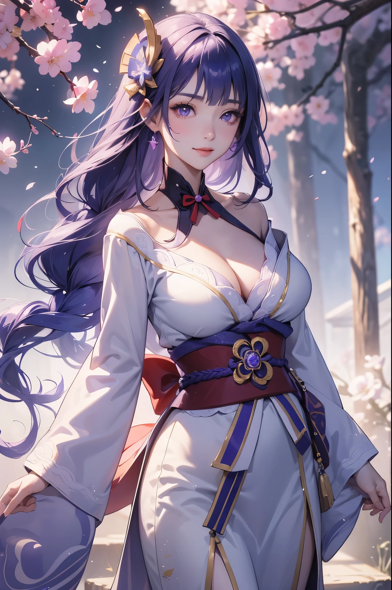 Japanese Shrines, (Highest quality，Realistic,masterpiece:1.2，8k wallpaper:1.2)，((Pale skin))，One Girl，women only，((Genshin Impact_Impact，General Raiden))，Lightning Particles，Purple Lightning，Light background，cherry blossoms，Purple Theme，Delicate facial features，Sexy and beautiful anime girls，General Raiden，Long purple hair，Rosy lips，Anime Mouth，shut up.，(smile)，fine grain，Big breast type，flower background
