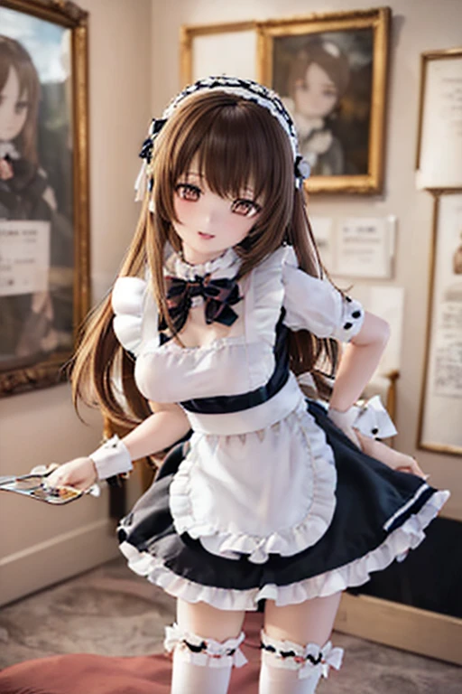 (SFW:2), photorealistic, realistic photo, 8k, Canon EOS, ((highest quality)), ((masterpiece)), (extremely detailed), dd, doll, idol dress, (mature woman, 21yo, 21 years old, solo, museum:1.6), (from front, leaning forward, hold a cocktail glass, slim, skinny, slender, brown hair, long hair, bow, maid headpiece, black maid costume, maid apron, white thigh highs, light smile, parted lips, brown eyes, glass eyes, shining eyes, looking at viewer, detailed face:1.3)