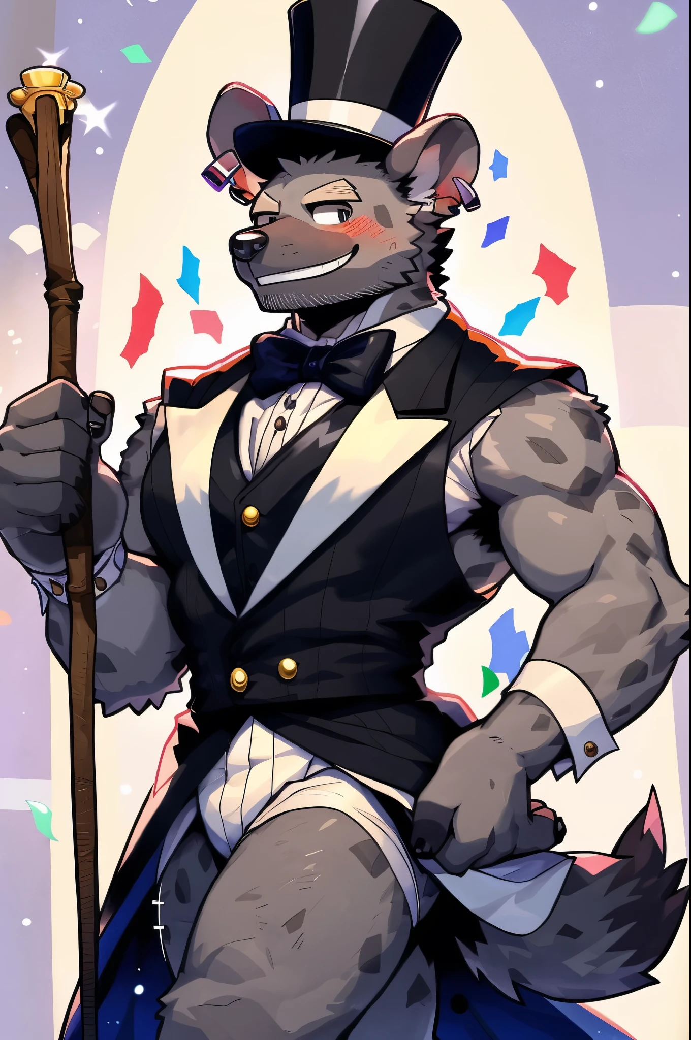 best quality,1 person、Stubble、gray spot hyena man,　Grey body、masterpiece、highest quality、Wearing a top hat with rabbit ears、Blushing、smile、casino、Earrings、Walking stick、