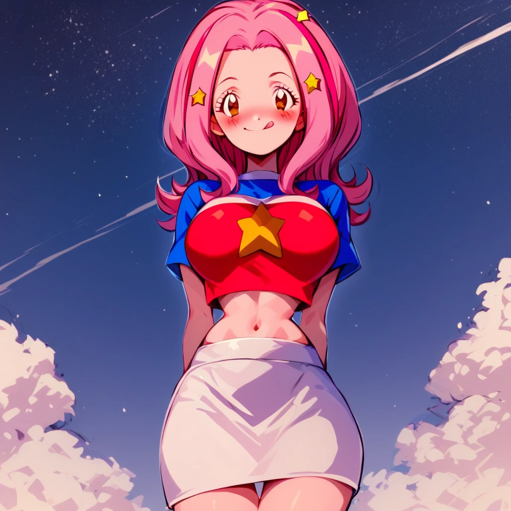 digimon adventure 02, mimi tachikawa, anime coloring, cartoon, anime coloring, 1girl, solo, skirt, navel, pink hair, star (symbol), blush, smile, star hair ornament, brown eyes, midriff, sky, hair ornament, tongue, looking at viewer, shirt, night, white skirt, arms behind back, outdoors, miniskirt, crop top, star shirt, sexy, hot, busty, tiny waist, sexy hips and legs, big boobs, hourglass.figure 