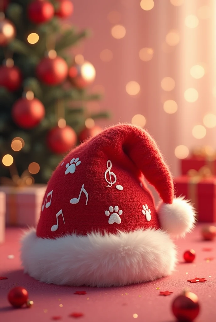 Christmas bright red hat with white music notes, with the inscription "MeowMusic" on the white lapel of the hat, love background