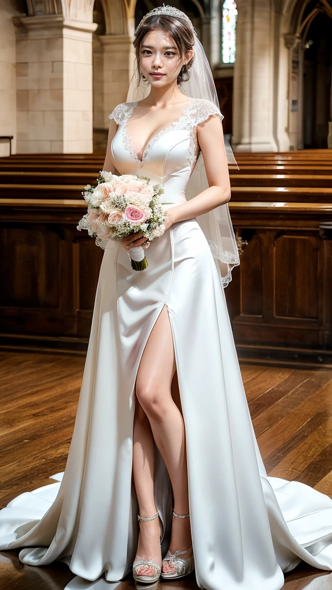 A beautiful young Japanese woman, 26 years old, with healthy thighs, beautiful legs, flawless skin, random hair color and style, large breasts, wearing a (wedding dress:1.3), (she is standing:1.2), full body shot, high heels, holding a bouquet in her hands, in a church setting, (best quality,8k, masterpiece:1.3), (extremely detailed:1.2), perfect anatomy