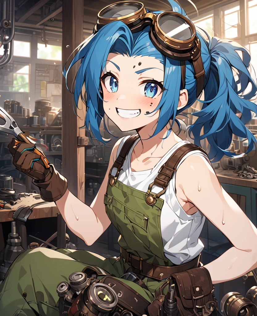 score_9,score_8_up,score_7_up, source_anime,Solo girl, mechanic, white tank top, green overalls, mechanical goggles on forehead, freckled face, boyish,blue hair,  hair, messy hair, , pony tail, [black oil on face], grin, smile, holding wrench, sweat, white thick gloves), garage, workshop, steampunk, wearing wearpack