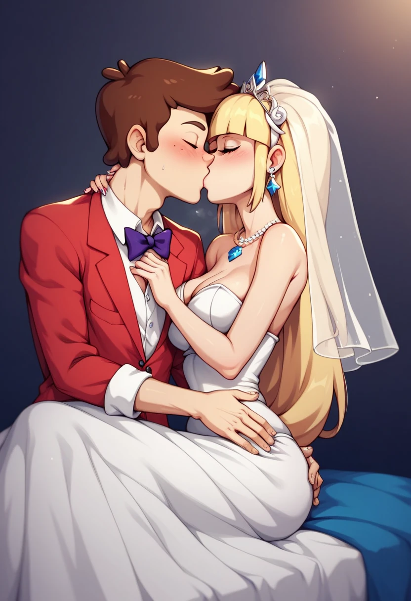 pacifica northwest\(gravity falls)\(blond:1.4) and dipper pines\(gravity falls)\(brunnet:1.4) getting married , nsfw , adult_rating, 1boy, 1 girl,  teen, romantic, blonde, classic white wedding dress, classy, form fitting, kissing