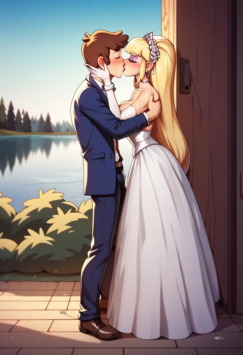 pacifica northwest\(gravity falls)\(blond:1.4) and dipper pines\(gravity falls)\(brunnet:1.4) getting married , nsfw , adult_rating, 1boy, 1 girl,  teen, romantic, blonde, classic white wedding dress, classy, form fitting, kissing