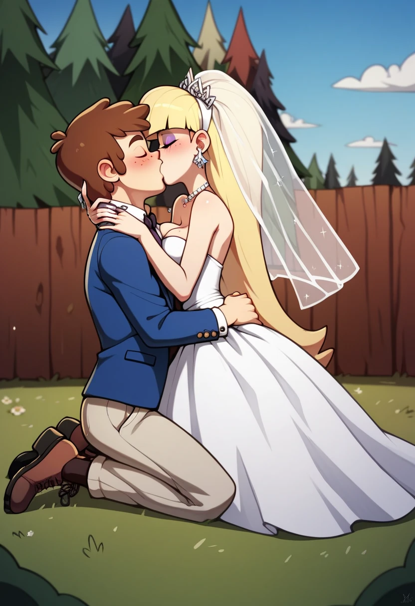 pacifica northwest\(gravity falls)\(blond:1.4) and dipper pines\(gravity falls)\(brunnet:1.4) getting married , nsfw , adult_rating, 1boy, 1 girl,  teen, romantic, blonde, classic white wedding dress, classy, form fitting, kissing