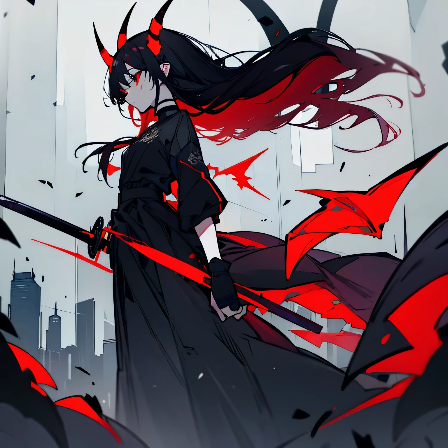 Anime girl with red hair and black cape holding a sword - SeaArt AI