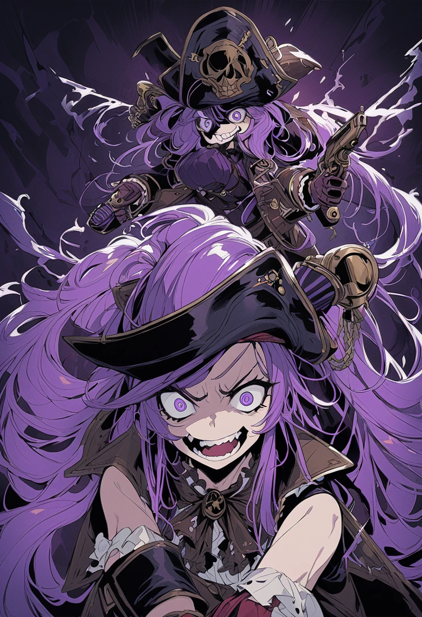 A pirate girl, violet-haired ,  with an expression of madness ,  wearing 2 revolvers ,  wearing a pirate hat ,  with the symbol of a cobra