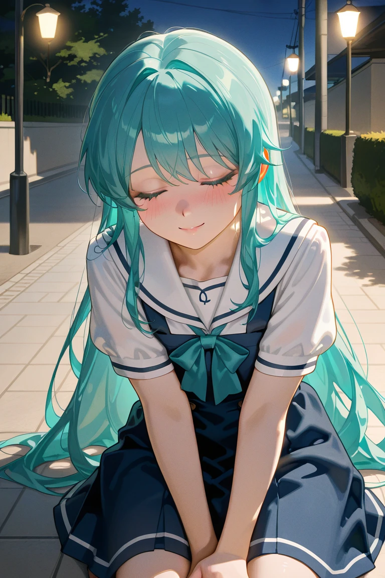 (masterpiece, best quality, highly detailed, ultra-realistic, anime-style), A touching scene featuring a charming anime girl kneeling on the ground, her expression calm and peaceful as she closes her eyes. A gentle hand is seen softly patting her head, adding a comforting and warm atmosphere to the image. The girl's turquoise hair remains styled in loose, wavy strands, and she is wearing her sailor-style school uniform with teal accents. Her face exudes a serene and slightly blushing expression as she leans into the touch, conveying a sense of trust and comfort. The background remains consistent with the original image, showcasing a nighttime pathway lined with glowing streetlights and greenery. The overall atmosphere is tranquil and heartwarming, with soft lighting that enhances the emotional depth of the scene.

**Focus**: A comforting hand on her head, closed eyes, serene expression, soft lighting, tranquil and emotional vibe.
