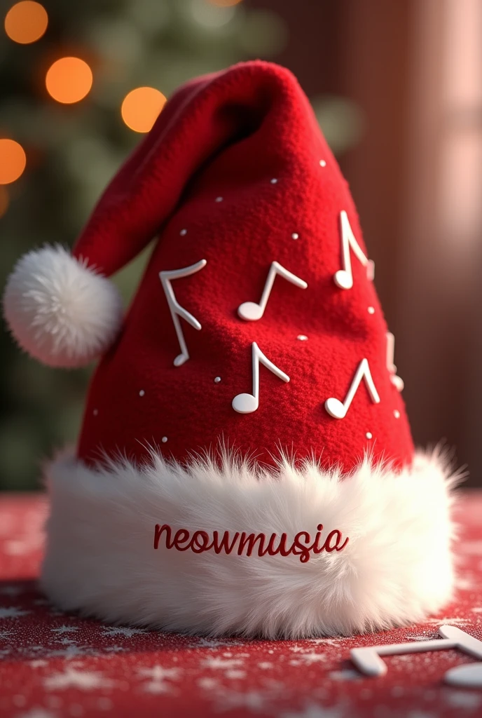 Christmas bright red hat with white music notes, with the inscription "MeowMusic" on the white lapel of the hat, love background