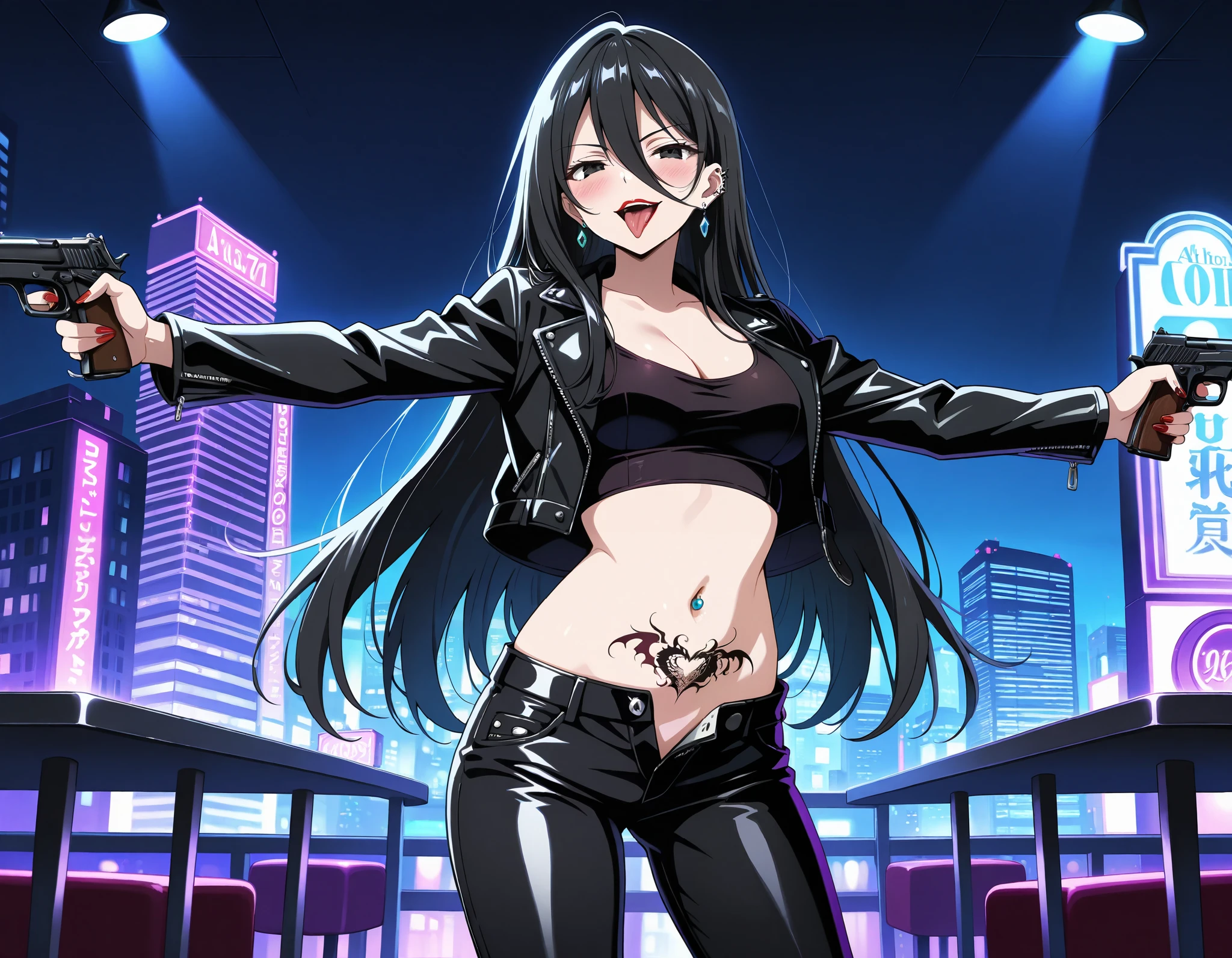 score_9, score_8_up, score_7_up, source_anime,
1girl, solo, 
ayano kimishima, long hair, black hair, hair between eyes, long bangs, black eyes, 
long hair, earrings, red lips, medium breasts,, ear piercing, long hair, blush, lipstick,Hot girl, baddie, smoking, sensual, attractive ,nightclub, casino, bar, indoor, cityscape, building, city lights,masterpiece, best quality, highly detailed, a girls with a gun, evil smile , open mouth, sexy gaze, badass
pose , evil smile, smile, (nsfw) not safe for work, guns blazing, anime girl with long hair, beautiful long
haired girl, navel, evil expression, exposed belly, exposed navel, exposed midriff, exposed lower belly,
long black pants, crop top, cleavage, unbuttoned leather pants ,open fly, low rise black leather pants,
leather jacket, holding a gun, holding pistol, navel piercing , cleavage, unbuttoned shirt,shirt, dragon tattoo, tattoo midriff, rose tattoo, open
arms sideway, arms T-pose, smirk, standing, anime girl T posing ,navel piercing, , tongue out,