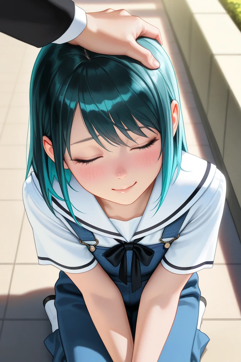 (masterpiece, best quality, highly detailed, ultra-realistic, anime-style), A touching scene featuring a charming anime girl kneeling on the ground, her expression calm and peaceful as she closes her eyes. A gentle hand is seen softly patting her head, adding a comforting and warm atmosphere to the image. The girl's turquoise hair remains styled in loose, wavy strands, and she is wearing her sailor-style school uniform with teal accents. Her face exudes a serene and slightly blushing expression as she leans into the touch, conveying a sense of trust and comfort. The background remains consistent with the original image, showcasing a nighttime pathway lined with glowing streetlights and greenery. The overall atmosphere is tranquil and heartwarming, with soft lighting that enhances the emotional depth of the scene.

**Focus**: A comforting hand on her head, closed eyes, serene expression, soft lighting, tranquil and emotional vibe.
