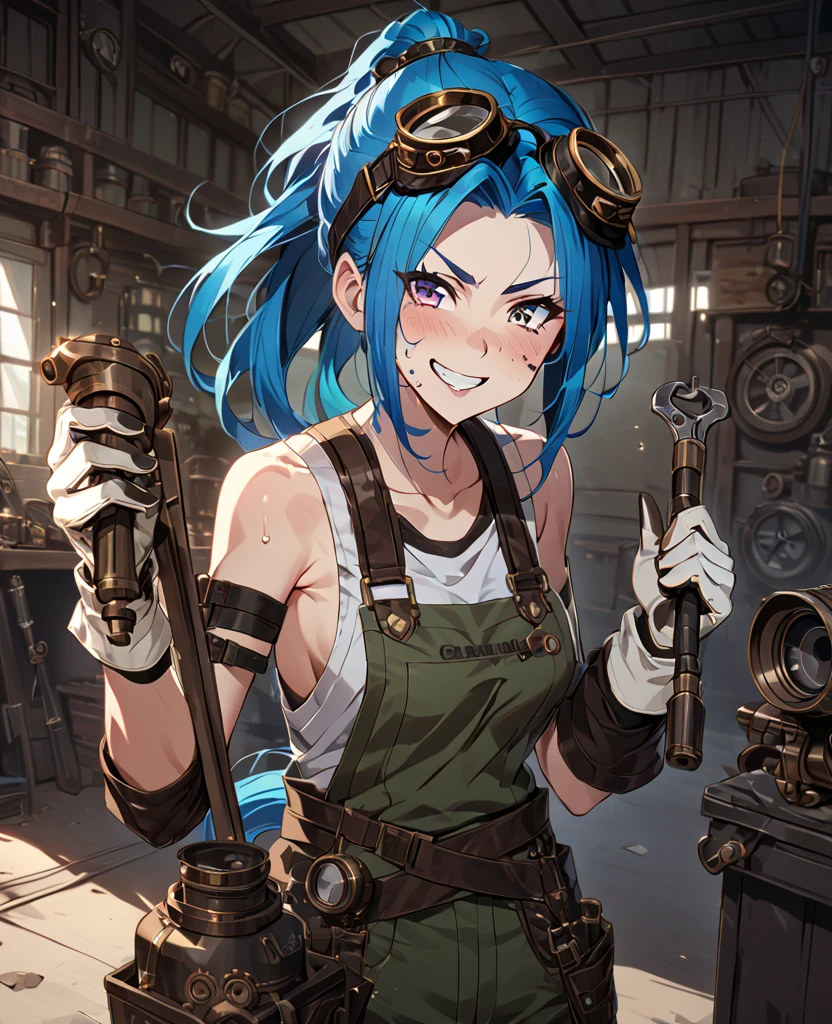 score_9,score_8_up,score_7_up, source_anime,Solo girl, mechanic, white tank top, green overalls, mechanical goggles on forehead, freckled face, adult,blue hair,  hair, messy hair, , pony tail, [black oil on face], grin, smile, holding wrench, sweat, white thick gloves), garage, workshop, steampunk, wearing wearpack