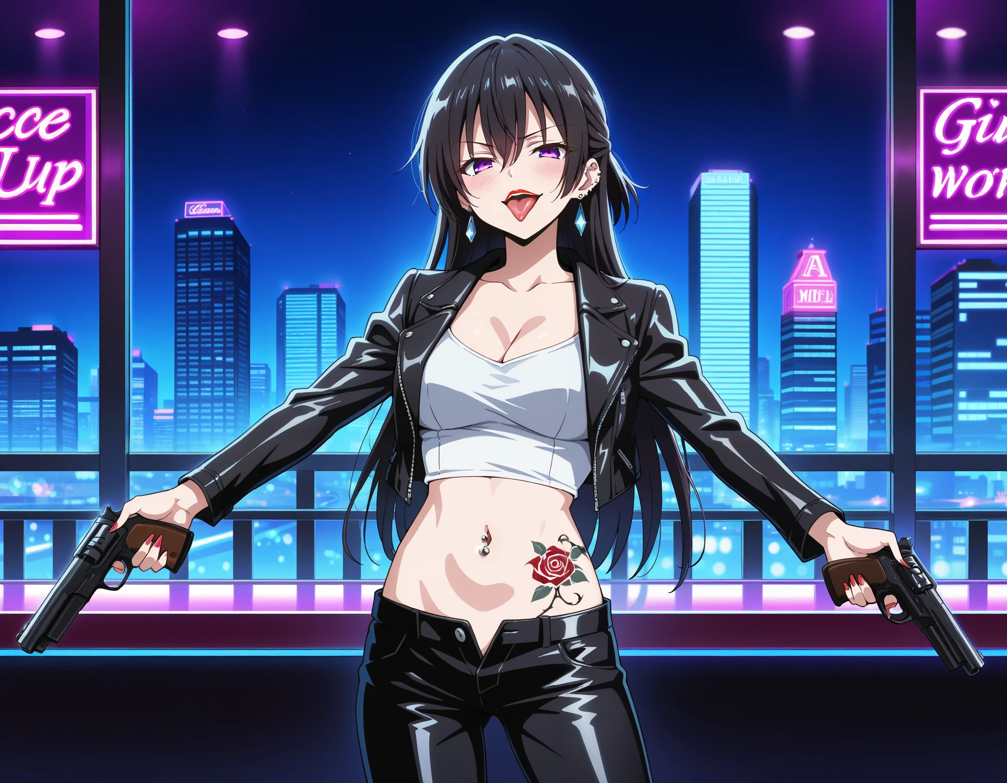 score_9, score_8_up, score_7_up, source_anime,
1girl, solo, 
yuki suou, black hair, long hair, half updo, hair between eyes, purple eyes,
long hair, earrings, red lips, medium breasts,, ear piercing, long hair, blush, lipstick,Hot girl, baddie, smoking, sensual, attractive , nightclub, casino, bar, indoor, cityscape, building, city lights, masterpiece, best quality, highly detailed, a girls with a gun, evil smile , open mouth, sexy gaze, badass
pose , evil smile, smile, (nsfw) not safe for work, guns blazing, anime girl with long hair, beautiful long
haired girl, navel, evil expression, exposed belly, exposed navel, exposed midriff, exposed lower belly,
long black pants, crop top, cleavage, unbuttoned leather pants ,open fly, low rise black leather pants,
leather jacket, holding a gun, holding pistol, navel piercing , cleavage, unbuttoned shirt,shirt,,, dragon tattoo, tattoo midriff, rose tattoo, open
arms sideway, arms T-pose, smirk, standing, anime girl T posing ,navel piercing, tongue out,