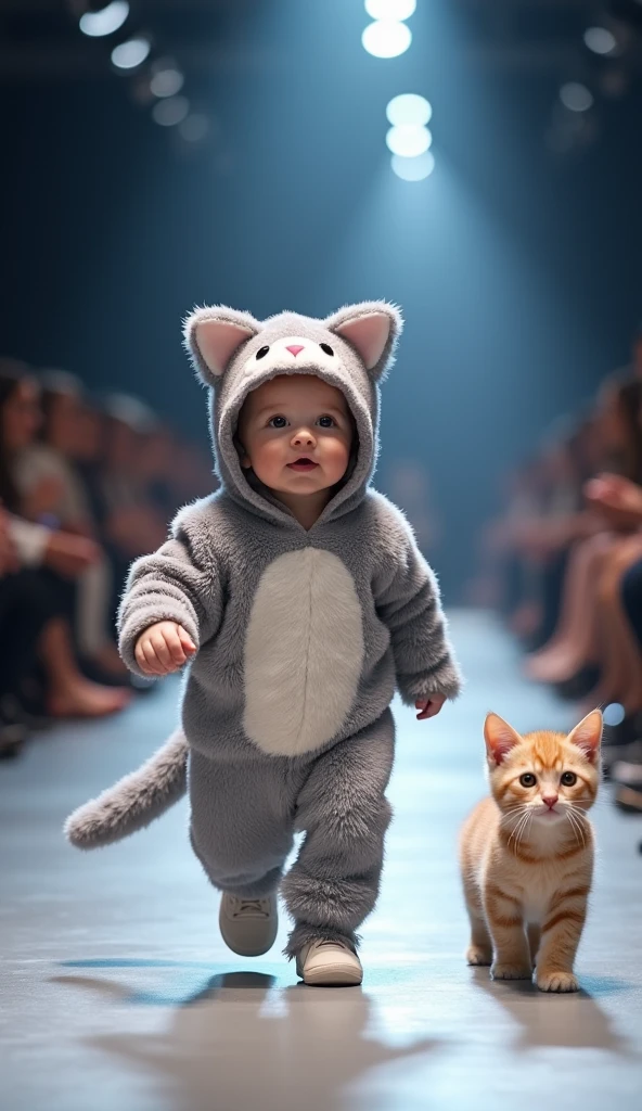 An adorable real **** wearing a sweet kitten costume struts confidently down a stylish runway. The ****'s costume has soft gray fur and a fluffy tail. Beside the **** is a small kitten, both purring with delight. The reflections on the catwalk sparkle as the audience watches in awe.