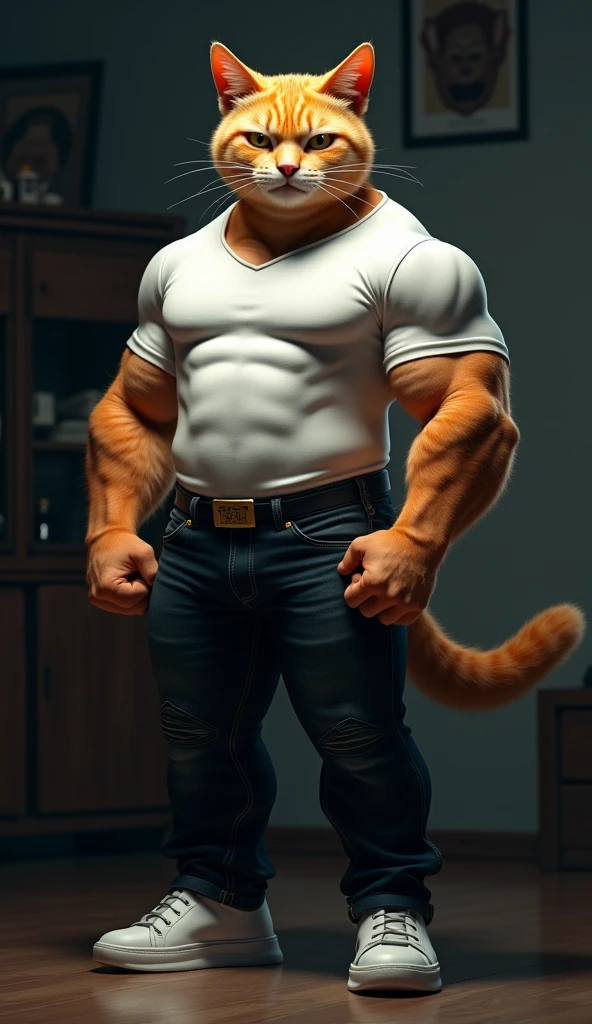 hyper growth, vlp, hyper muscles, furry growth, a very handsome young man, big eyes, muscular, shirtless, wearing long gray pants