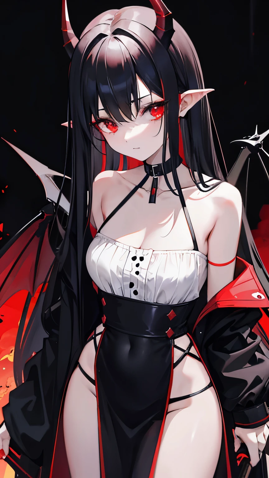 Dark style, black hair, white skin, red eyes, long hair, bangs,underwear,succubus