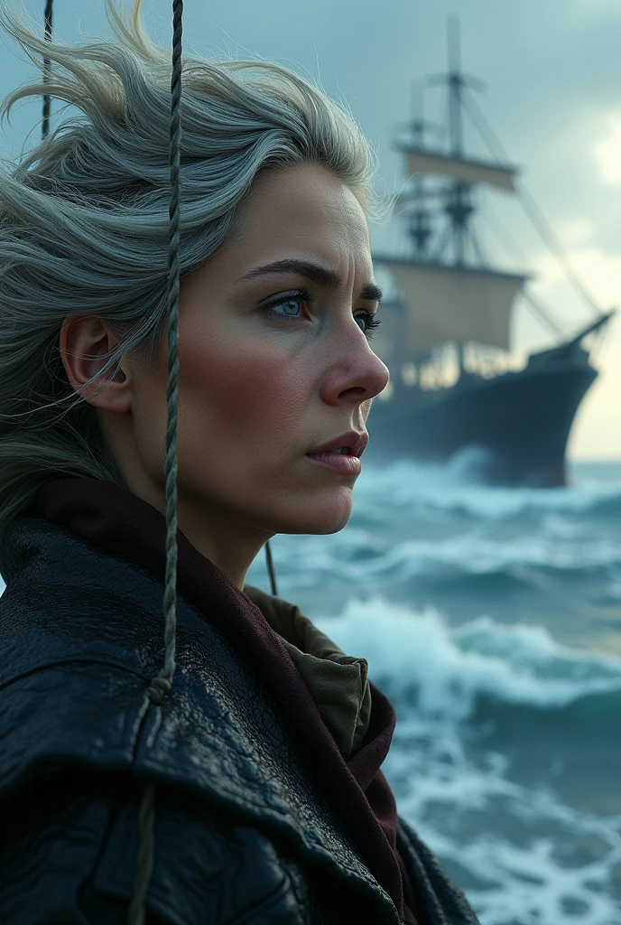 cinematic movie of dark witch, dirty pale skin, older women, no makeup, upper body,dark scruffy hair, action shot, wearing torn and dirty black robes, detailed skin, 20 megapixel, canon eos r3, detailed freckles skin, detailed, detailed face, in style of (dark fantasy pirate ship)+, movie grain