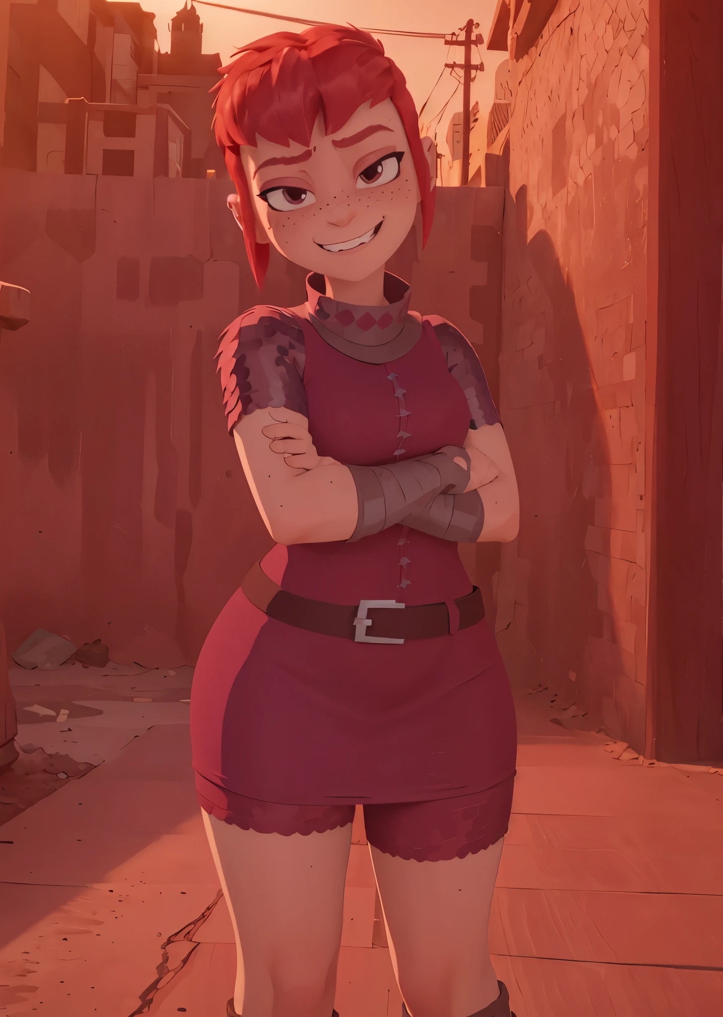 ((nfnimona,)), ((nimona neflix)), ((masterpiece)), ((high resolution)), ((3D rendering)), {(thicc figure), (freckles), (maroon eyes), (half lidded eyes), (long eyelashses), (pink eyeshadow), (short red hair), (smug grin), (sharp white teeth)}, {(red sleevless top), (brown pencil skirt), (brown belt on waist), (chainmail under clothes)}, 